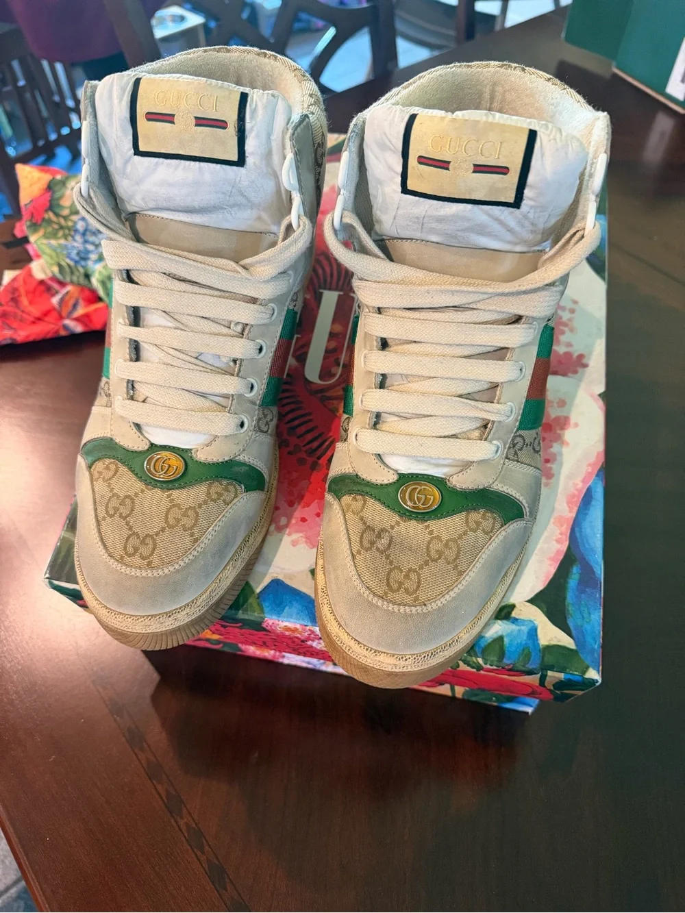 Gucci Beige Canvas High-Top Sneaker with Green and Red Web